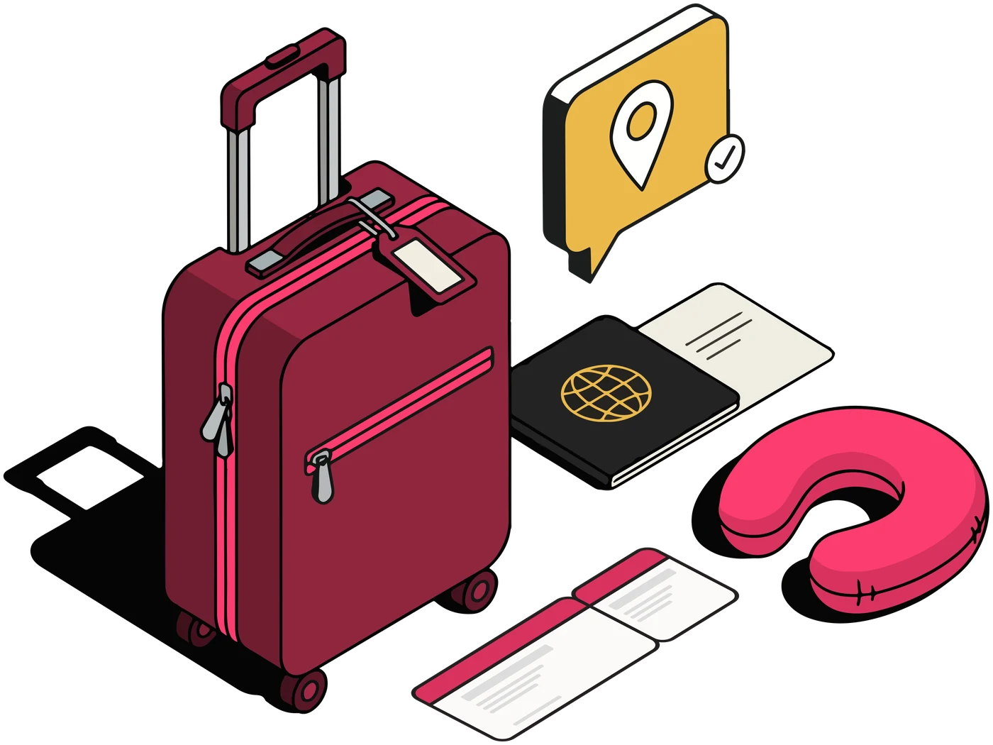 An illustrated travel kit: a maroon suitcase, a passport with a boarding pass, a pink neck pillow, two tickets and a gold map pin.